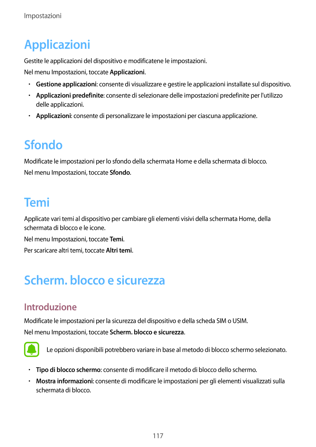 Samsung SM-G925FZKAITV, SM-G925FZWAITV, SM-G925FZGAITV manual Applicazioni, Sfondo, Temi, Scherm. blocco e sicurezza 