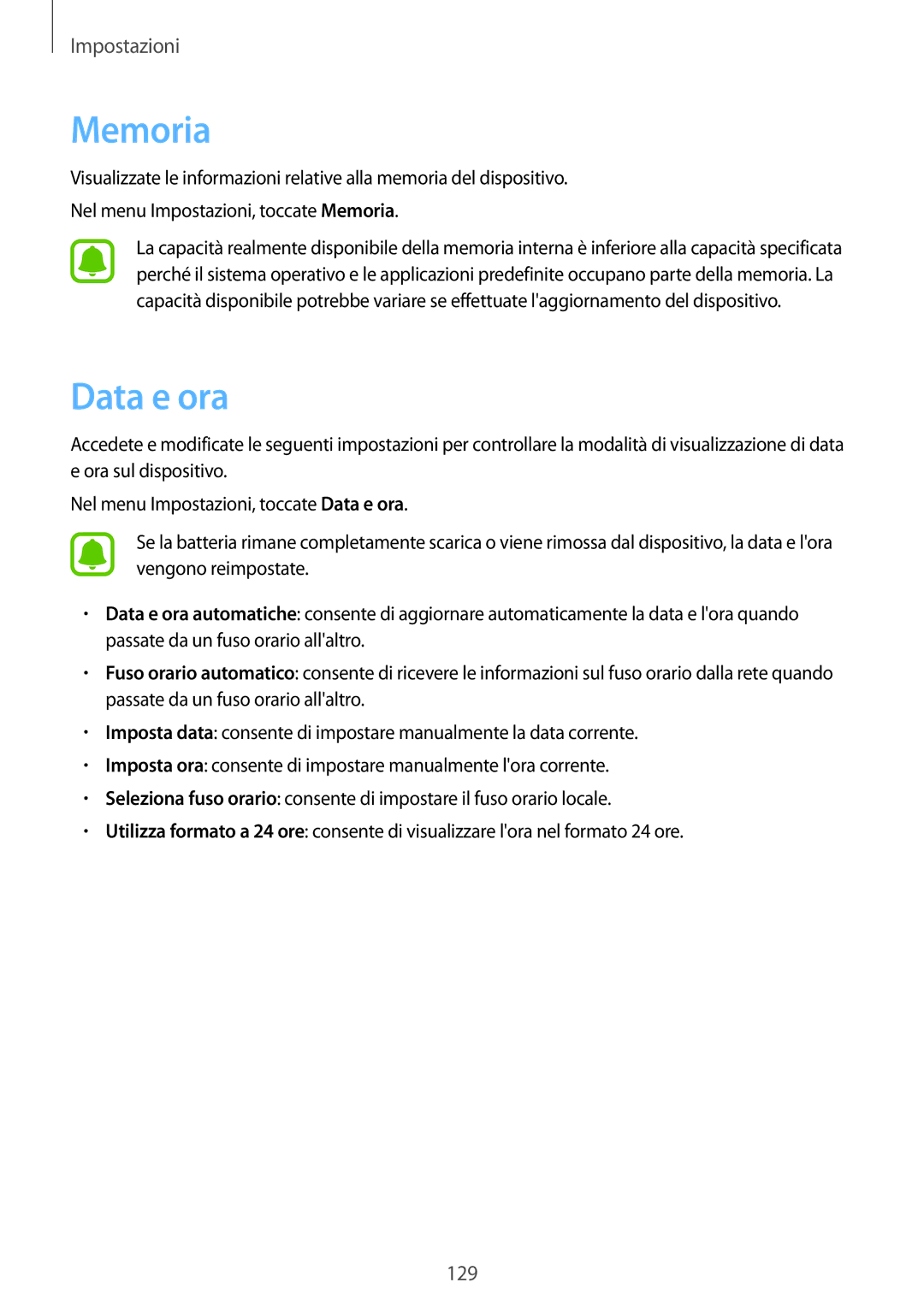 Samsung SM-G925FZDEITV, SM-G925FZWAITV, SM-G925FZGAITV, SM-G925FZKAITV, SM-G925FZGEITV manual Memoria, Data e ora 