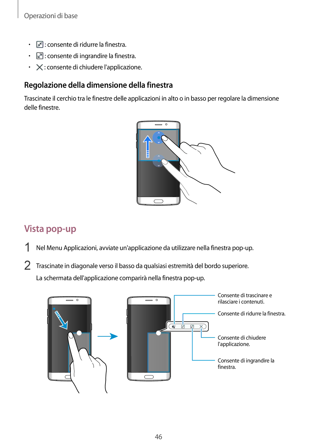 Samsung SM-G925FZGAITV, SM-G925FZWAITV, SM-G925FZKAITV manual Vista pop-up, Regolazione della dimensione della finestra 