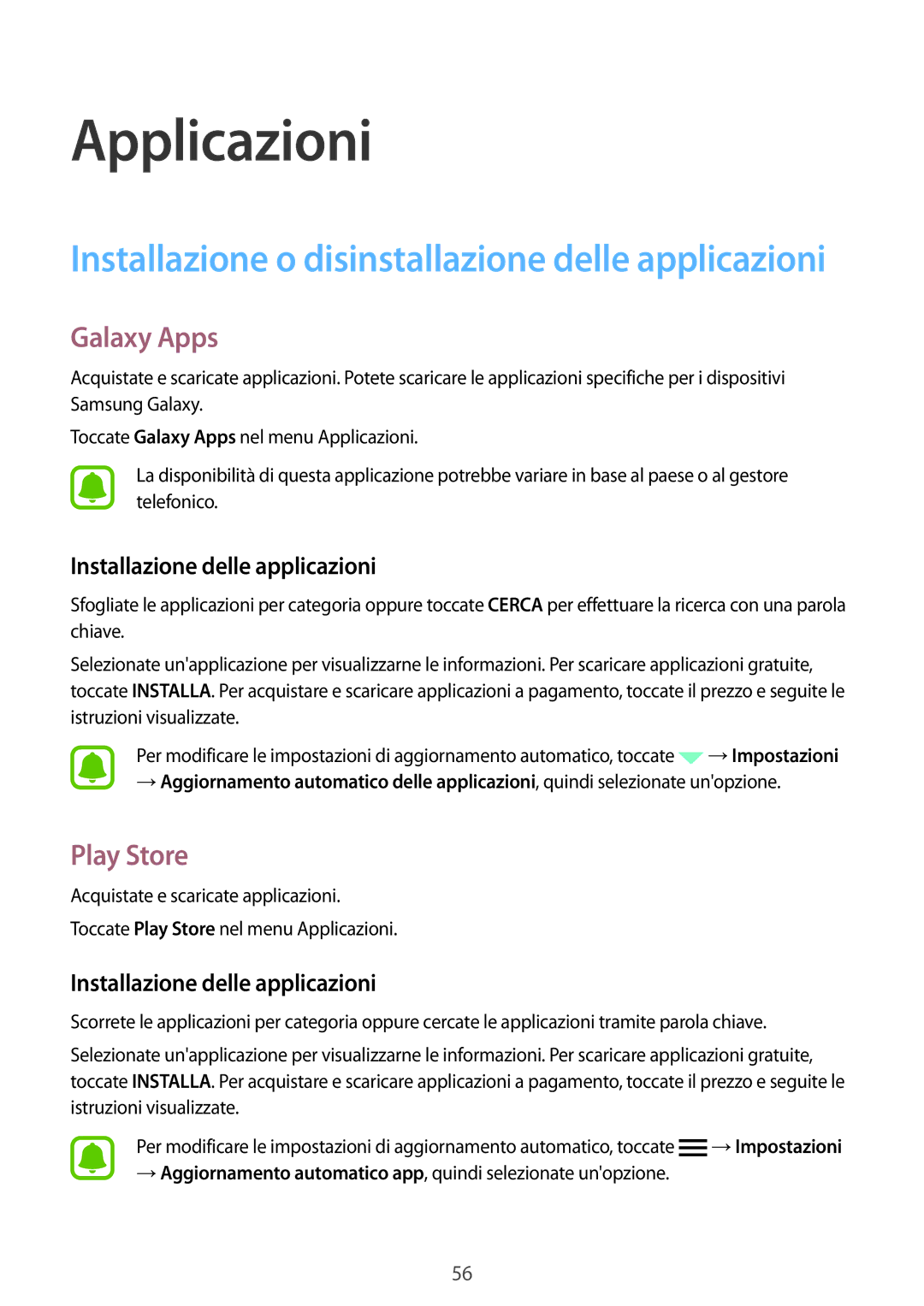 Samsung SM-G925FZGAITV, SM-G925FZWAITV, SM-G925FZKAITV manual Galaxy Apps, Play Store, Installazione delle applicazioni 