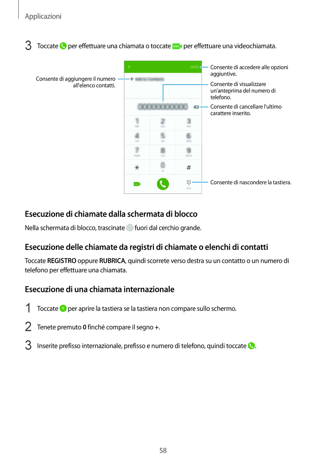 Samsung SM-G925FZGEITV manual Esecuzione di chiamate dalla schermata di blocco, Esecuzione di una chiamata internazionale 