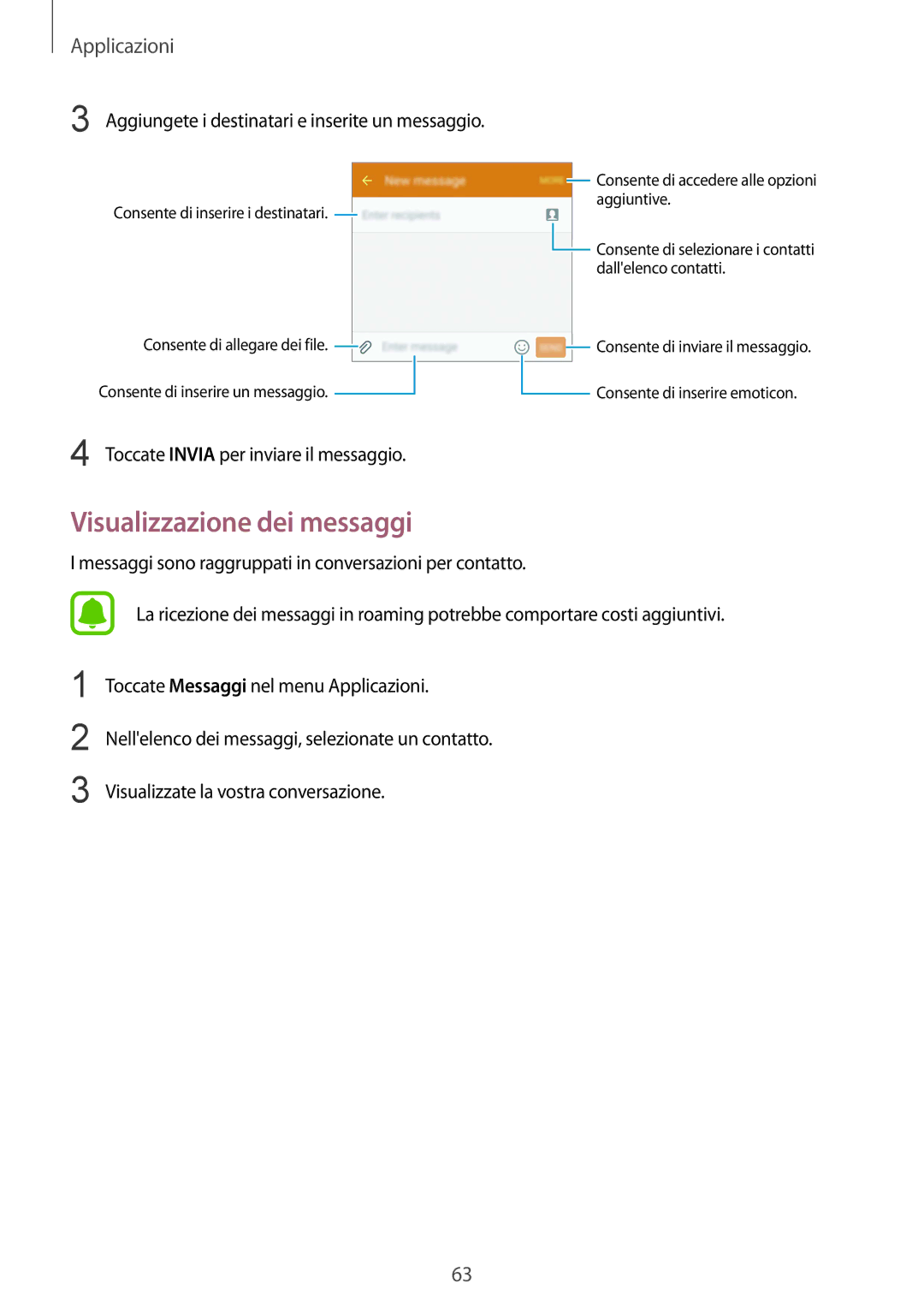 Samsung SM-G925FZGEITV, SM-G925FZWAITV manual Visualizzazione dei messaggi, Aggiungete i destinatari e inserite un messaggio 