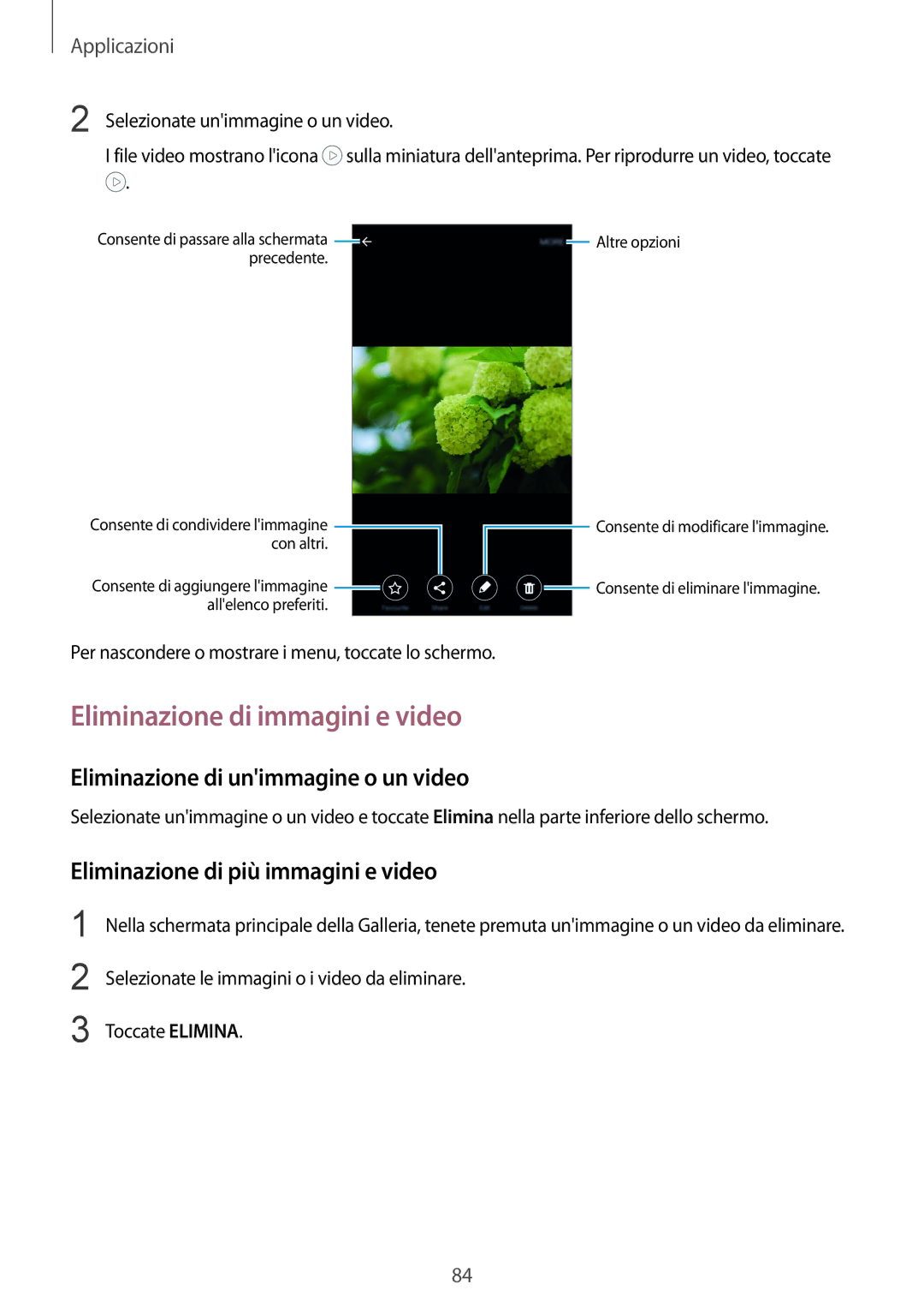 Samsung SM-G925FZDEITV, SM-G925FZWAITV manual Eliminazione di immagini e video, Eliminazione di unimmagine o un video 