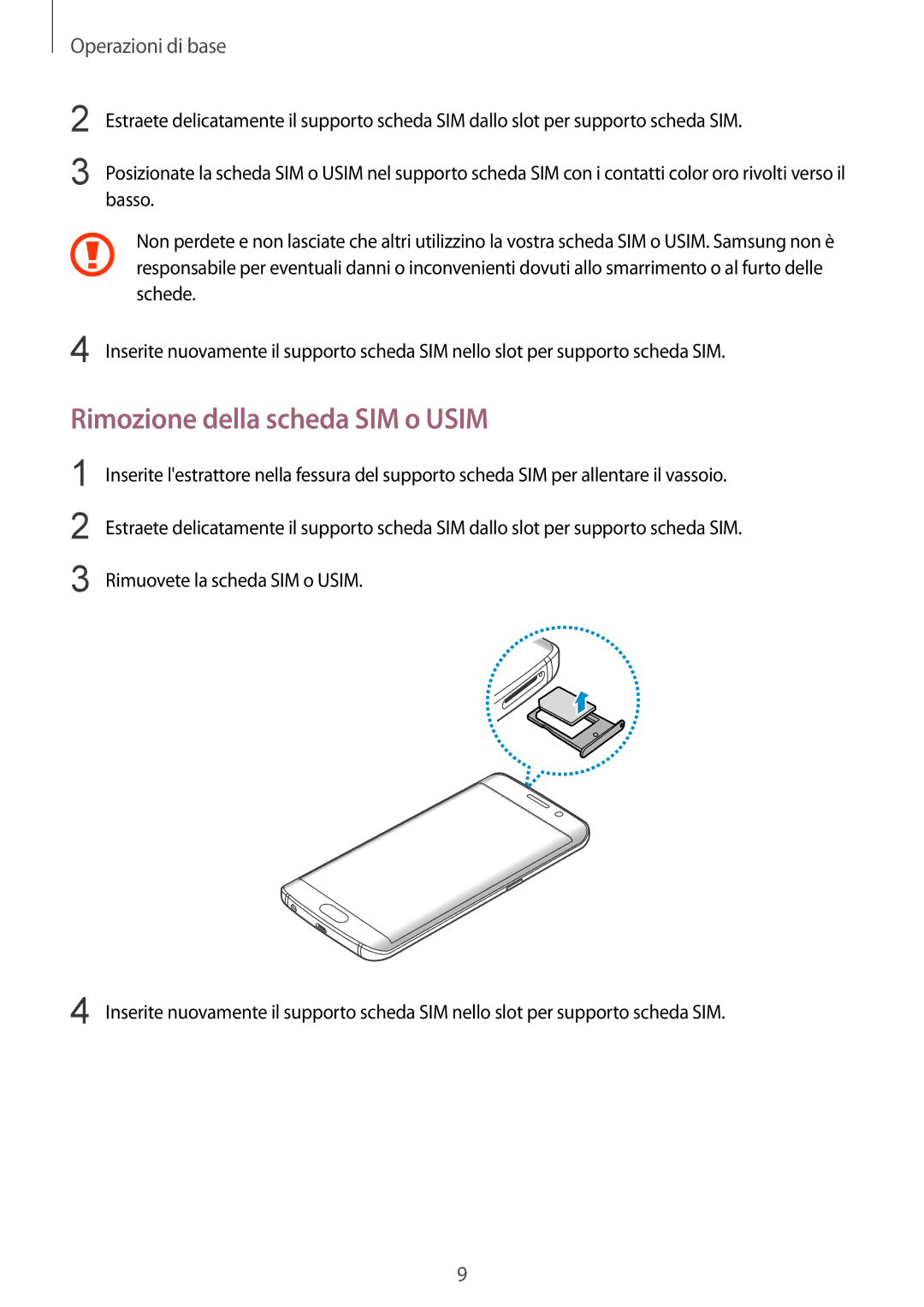 Samsung SM-G925FZDEITV, SM-G925FZWAITV, SM-G925FZGAITV, SM-G925FZKAITV, SM-G925FZGEITV manual Rimozione della scheda SIM o Usim 