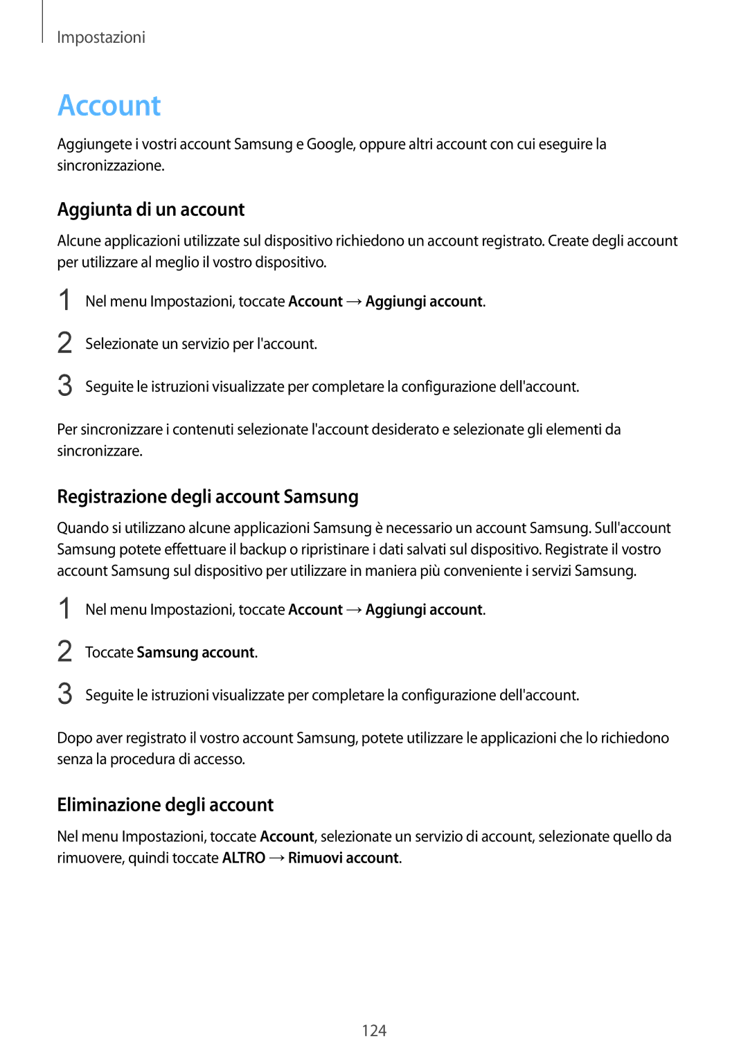 Samsung SM-G925FZDEITV Account, Aggiunta di un account, Registrazione degli account Samsung, Eliminazione degli account 