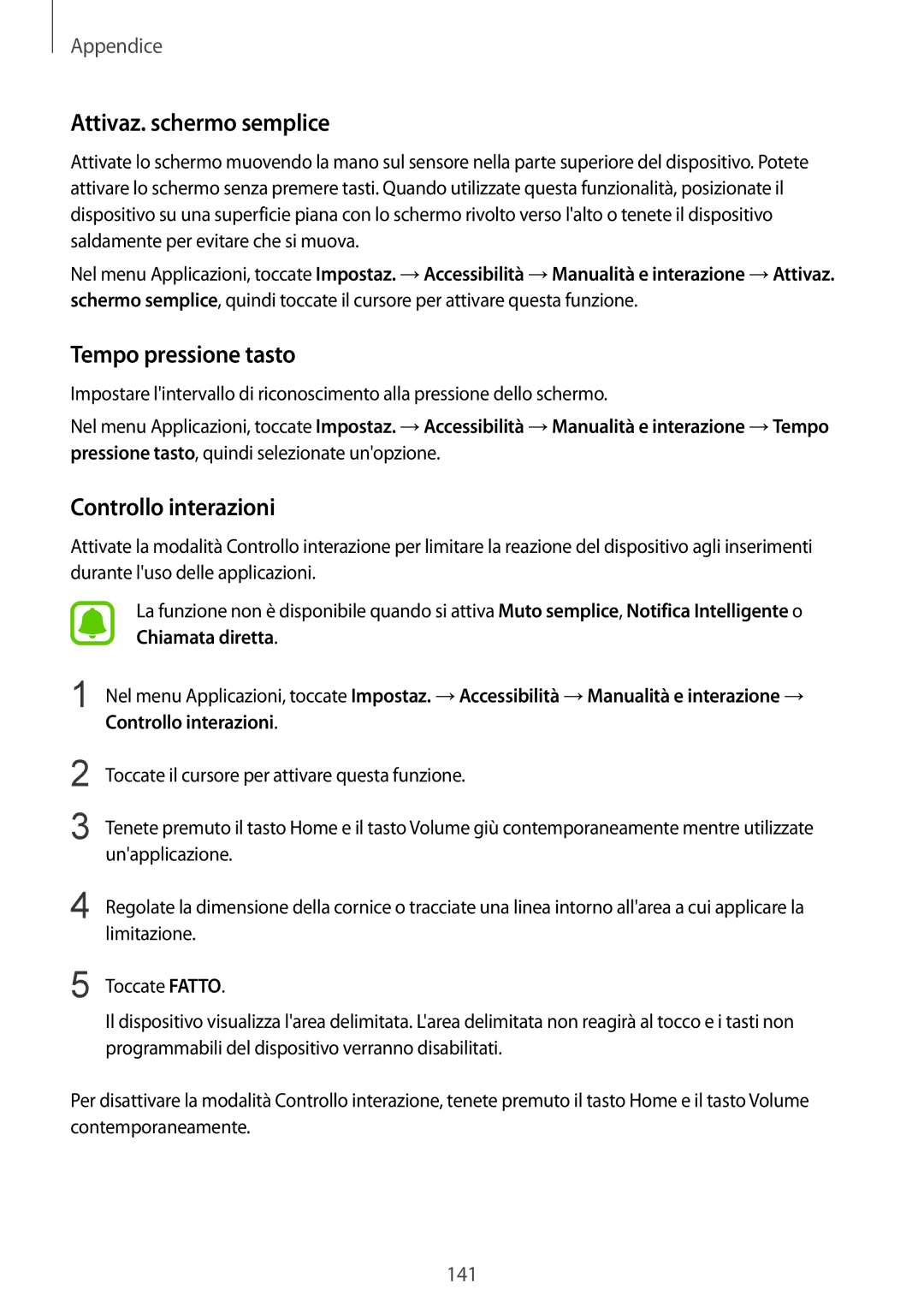 Samsung SM-G925FZGAITV, SM-G925FZWAITV manual Attivaz. schermo semplice, Tempo pressione tasto, Controllo interazioni 