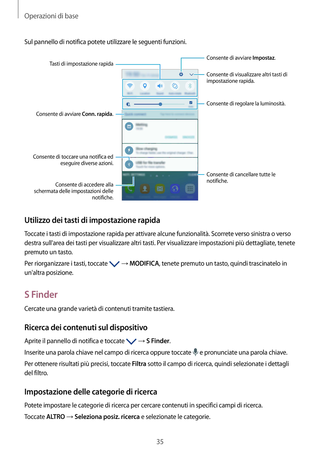 Samsung SM-G925FZWAITV manual Finder, Utilizzo dei tasti di impostazione rapida, Ricerca dei contenuti sul dispositivo 