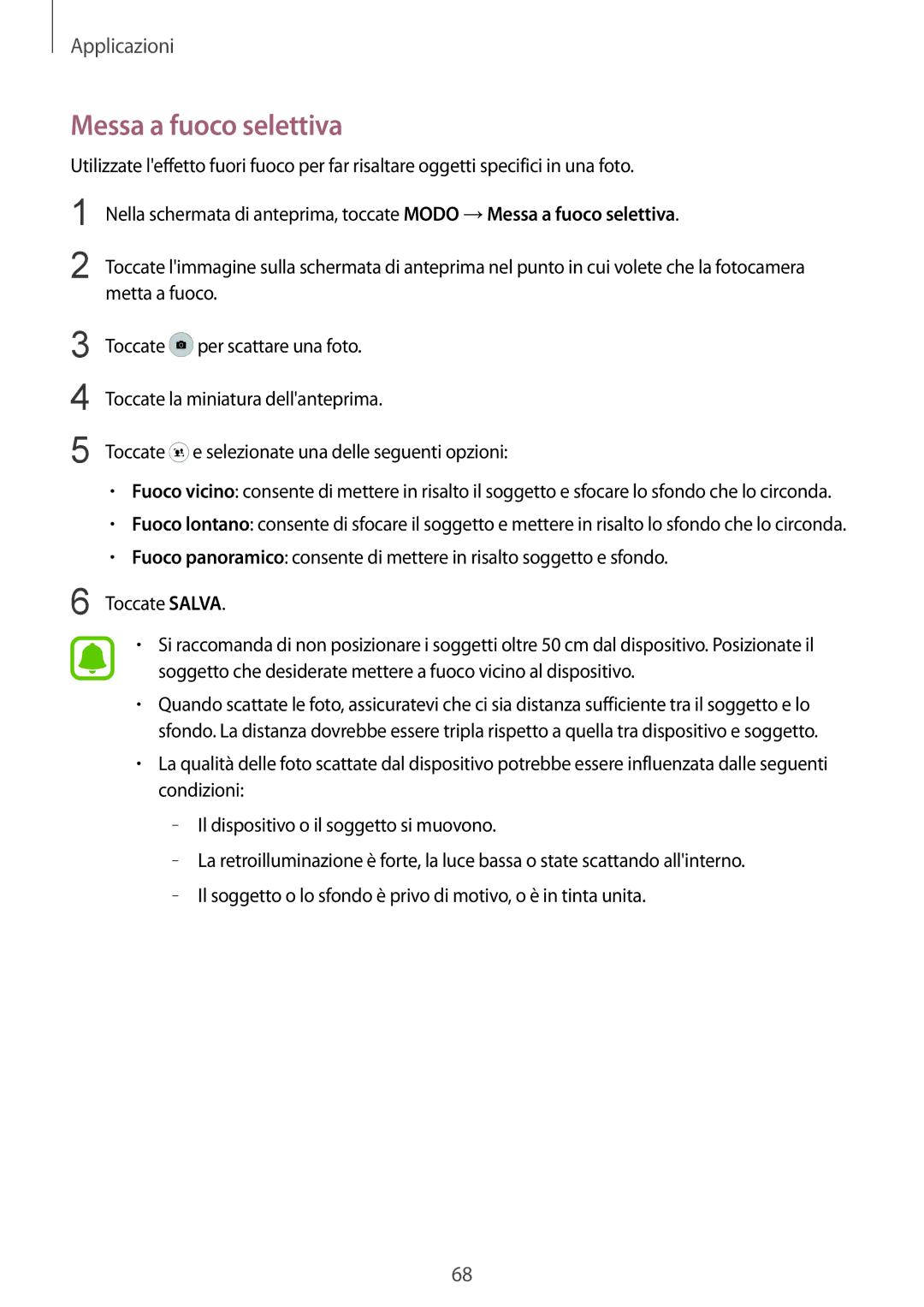 Samsung SM-G925FZGEITV, SM-G925FZWAITV, SM-G925FZGAITV, SM-G925FZKAITV, SM-G925FZDEITV manual Messa a fuoco selettiva 