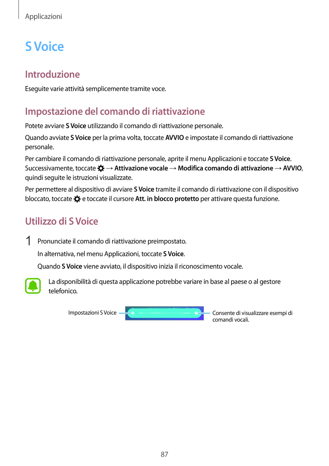 Samsung SM-G925FZKAITV, SM-G925FZWAITV, SM-G925FZGAITV Impostazione del comando di riattivazione, Utilizzo di S Voice 