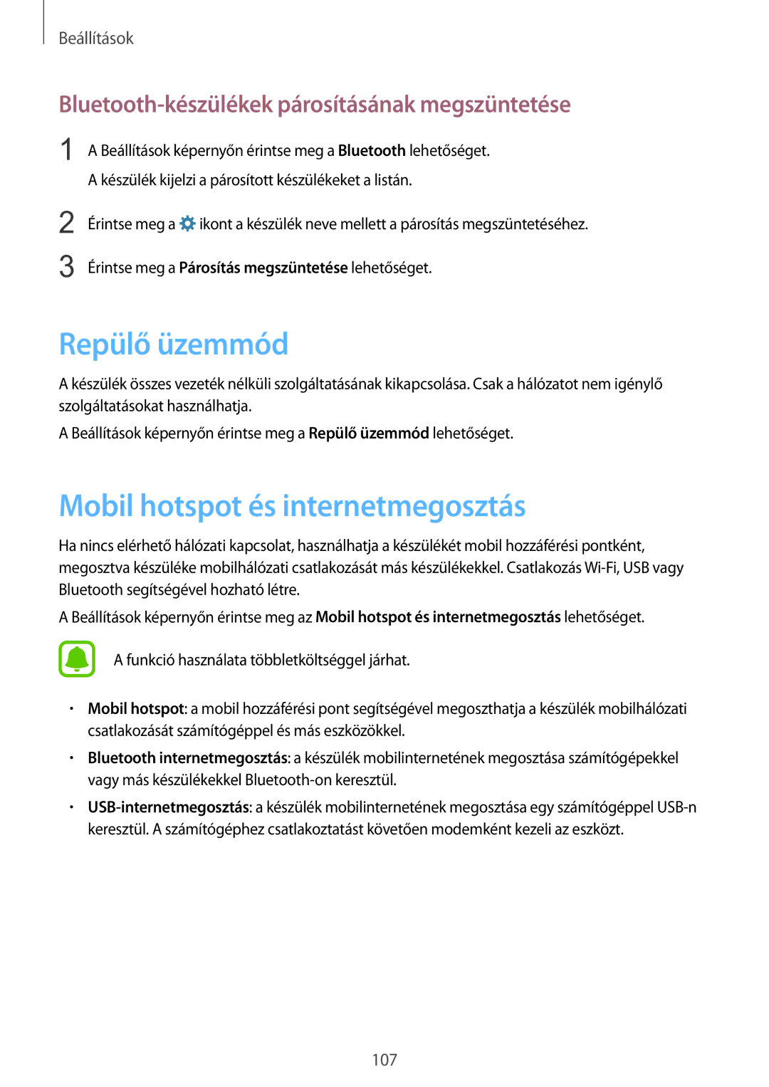 Samsung SM-G925FZWAXEH manual Repülő üzemmód, Mobil hotspot és internetmegosztás 