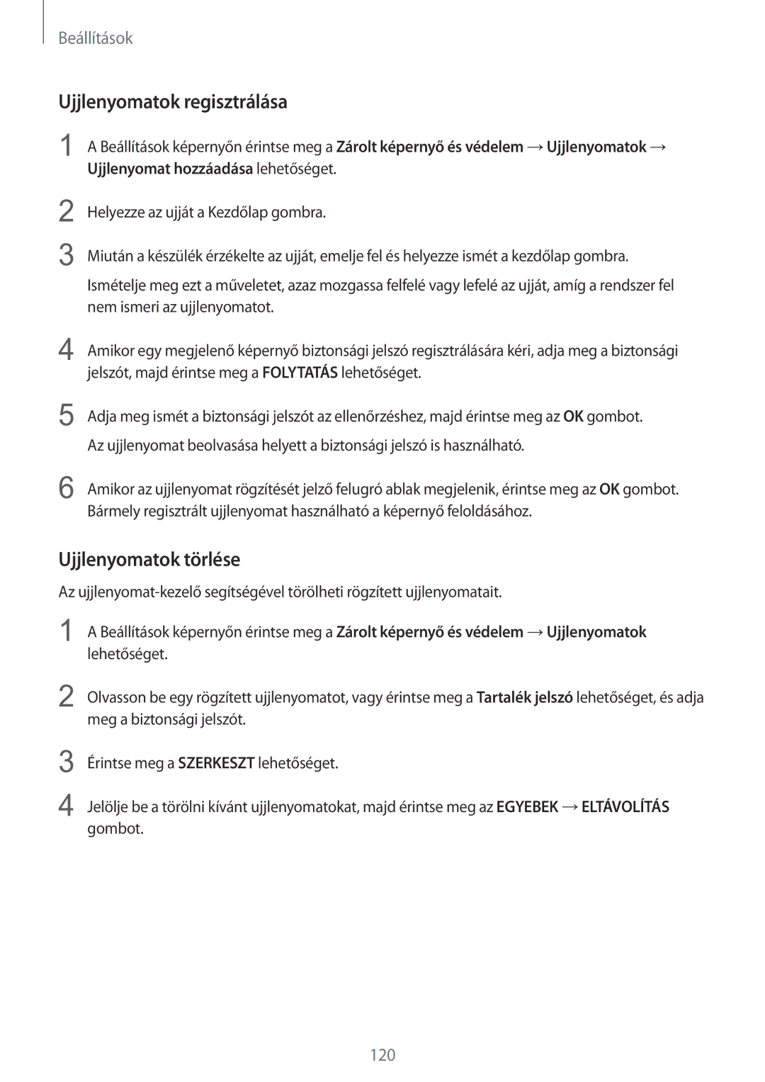 Samsung SM-G925FZWAXEH manual Ujjlenyomatok regisztrálása, Ujjlenyomatok törlése 