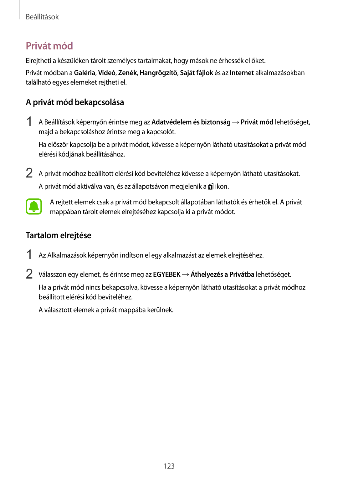 Samsung SM-G925FZWAXEH manual Privát mód bekapcsolása, Tartalom elrejtése 