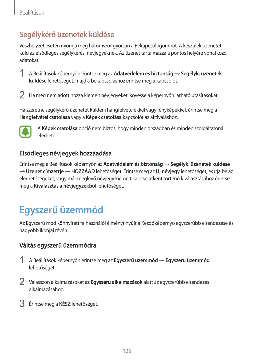 Samsung SM-G925FZWAXEH manual Egyszerű üzemmód, Segélykérő üzenetek küldése, Elsődleges névjegyek hozzáadása 