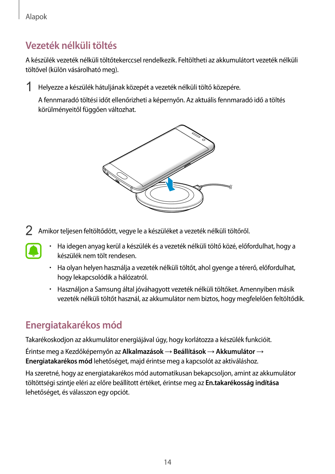 Samsung SM-G925FZWAXEH manual Vezeték nélküli töltés, Energiatakarékos mód 