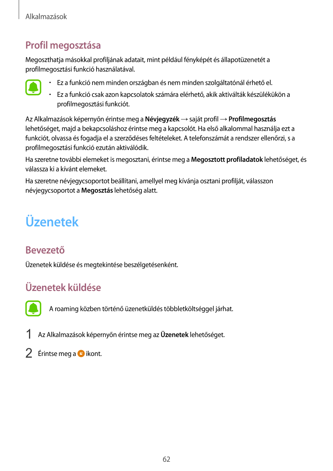 Samsung SM-G925FZWAXEH manual Profil megosztása, Üzenetek küldése 