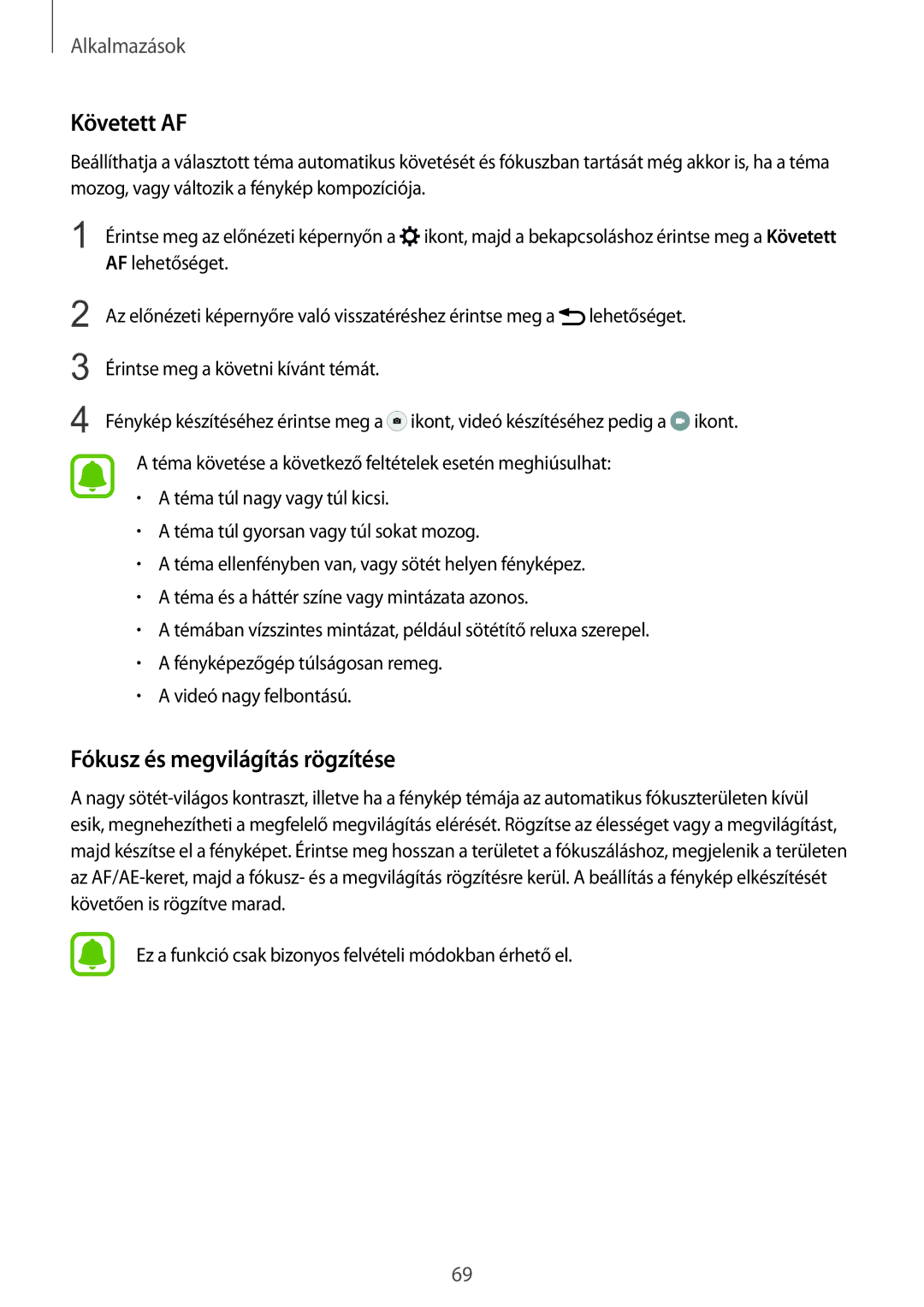 Samsung SM-G925FZWAXEH manual Követett AF, Fókusz és megvilágítás rögzítése 