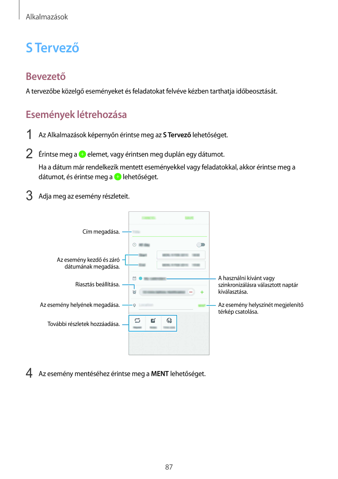 Samsung SM-G925FZWAXEH manual Tervező, Események létrehozása 