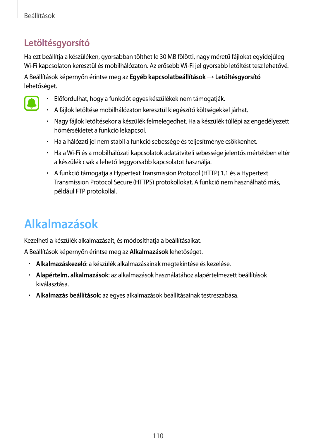 Samsung SM-G925FZWAXEH manual Alkalmazások, Letöltésgyorsító 