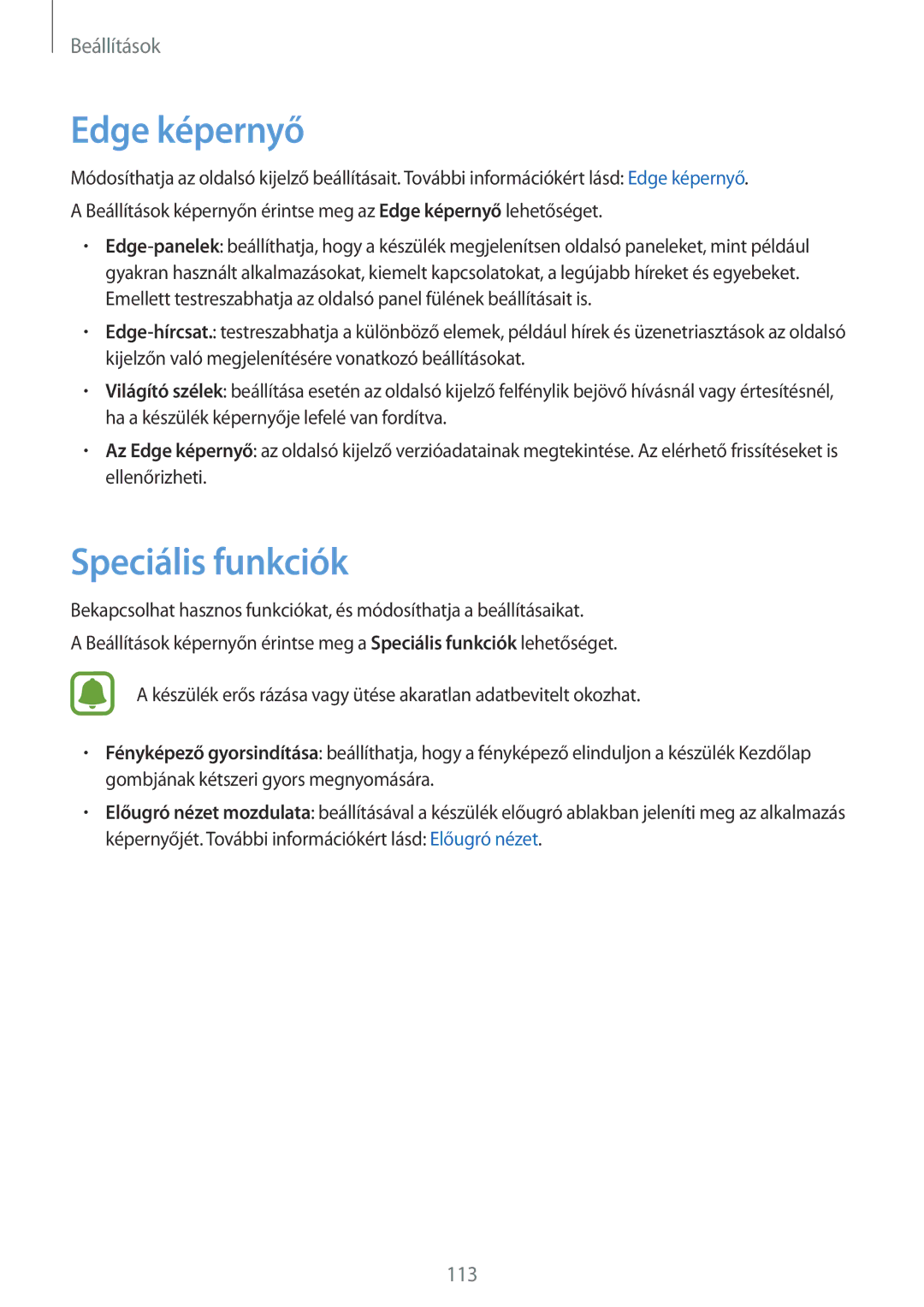Samsung SM-G925FZWAXEH manual Edge képernyő, Speciális funkciók 