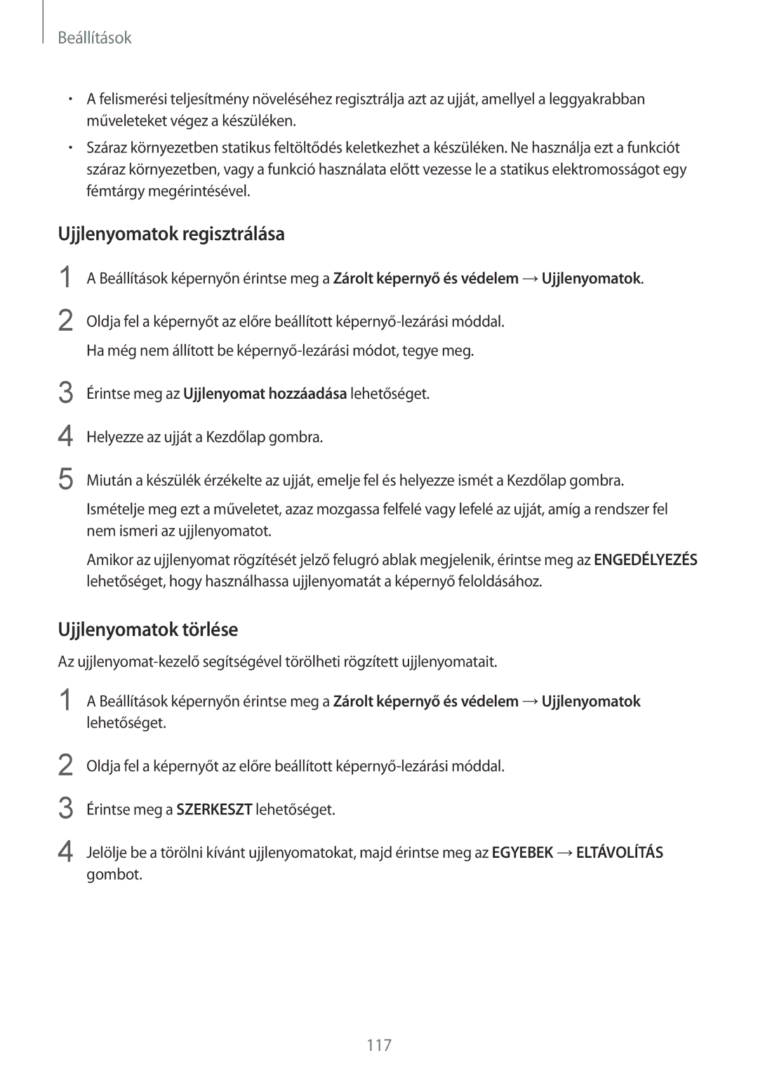 Samsung SM-G925FZWAXEH manual Ujjlenyomatok regisztrálása, Ujjlenyomatok törlése 