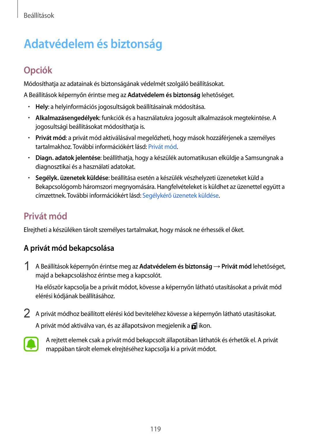 Samsung SM-G925FZWAXEH manual Adatvédelem és biztonság, Privát mód bekapcsolása 