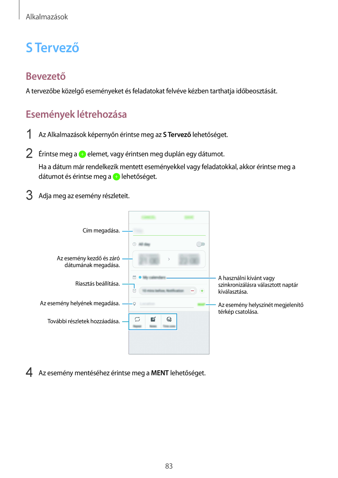 Samsung SM-G925FZWAXEH manual Tervező, Események létrehozása 