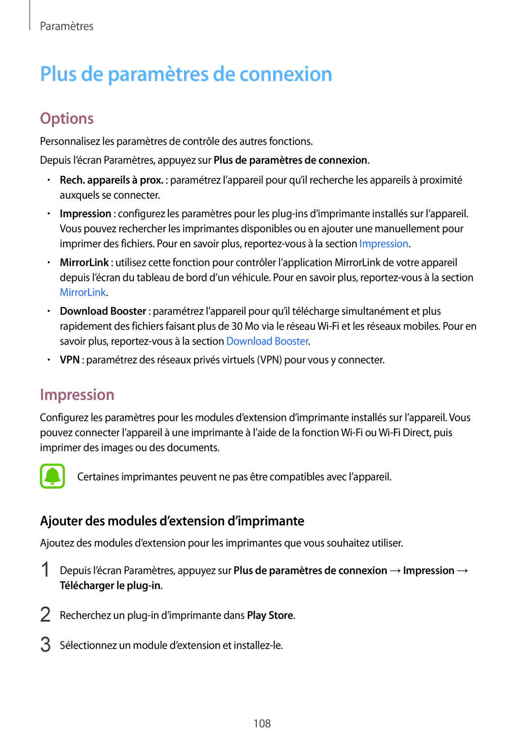 Samsung SM-G925FZWAXEF Plus de paramètres de connexion, Options, Impression, Ajouter des modules d’extension d’imprimante 