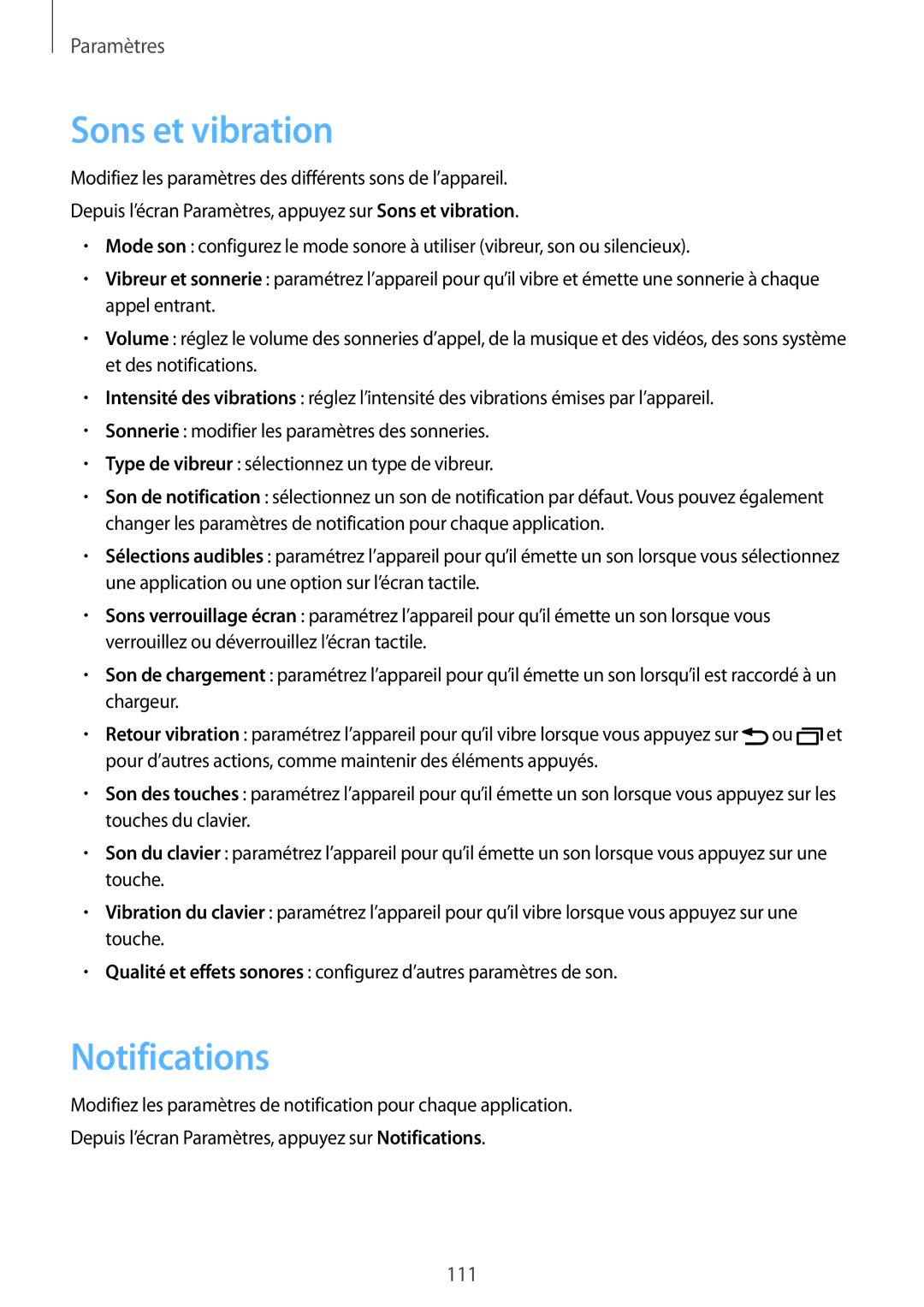 Samsung SM-G925FZWFXEF, SM-G925FZWEXEF, SM-G925FZDEXEF, SM-G925FZGAXEF, SM-G925FZKFXEF manual Sons et vibration, Notifications 