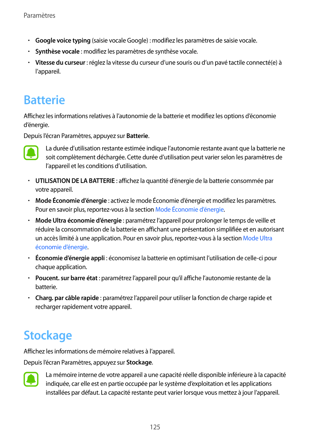 Samsung SM-G925FZKFXEF, SM-G925FZWEXEF, SM-G925FZWFXEF, SM-G925FZDEXEF, SM-G925FZGAXEF, SM-G925FZDFXEF manual Batterie, Stockage 