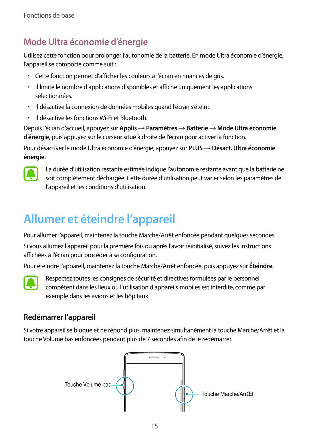 Samsung SM-G925FZKFXEF manual Allumer et éteindre l’appareil, Mode Ultra économie d’énergie, Redémarrer l’appareil 