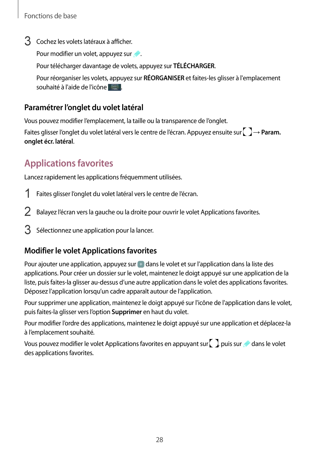 Samsung SM-G925FZDAXEF, SM-G925FZWEXEF, SM-G925FZWFXEF manual Applications favorites, Paramétrer l’onglet du volet latéral 