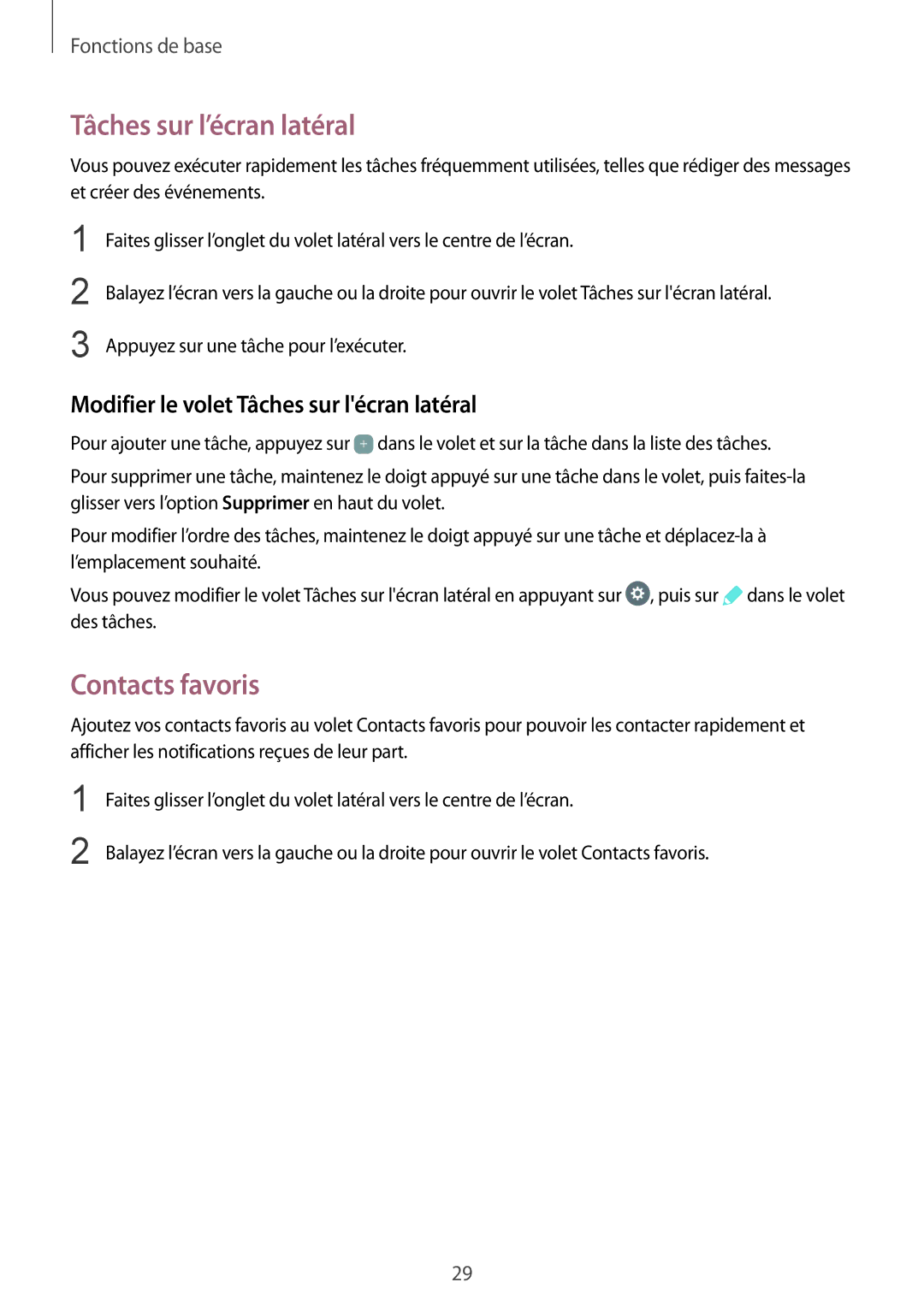 Samsung SM-G925FZKEXEF manual Tâches sur l’écran latéral, Contacts favoris, Modifier le volet Tâches sur lécran latéral 