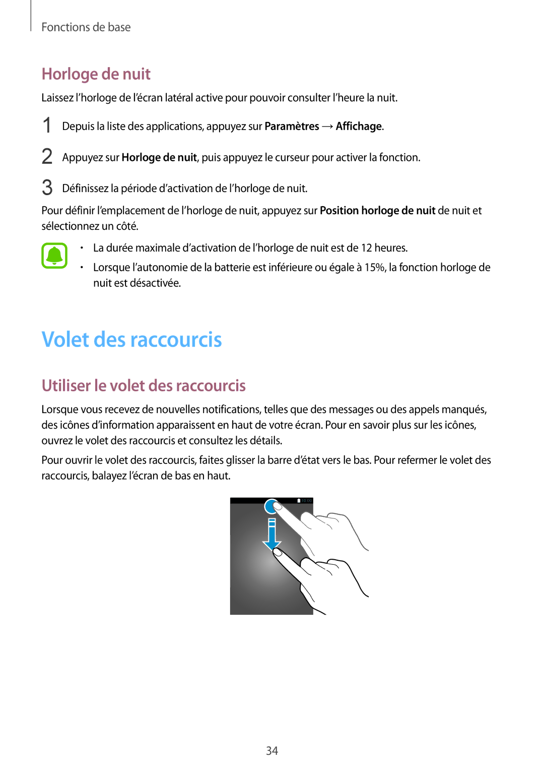 Samsung SM-G925FZWFXEF, SM-G925FZWEXEF manual Volet des raccourcis, Horloge de nuit, Utiliser le volet des raccourcis 
