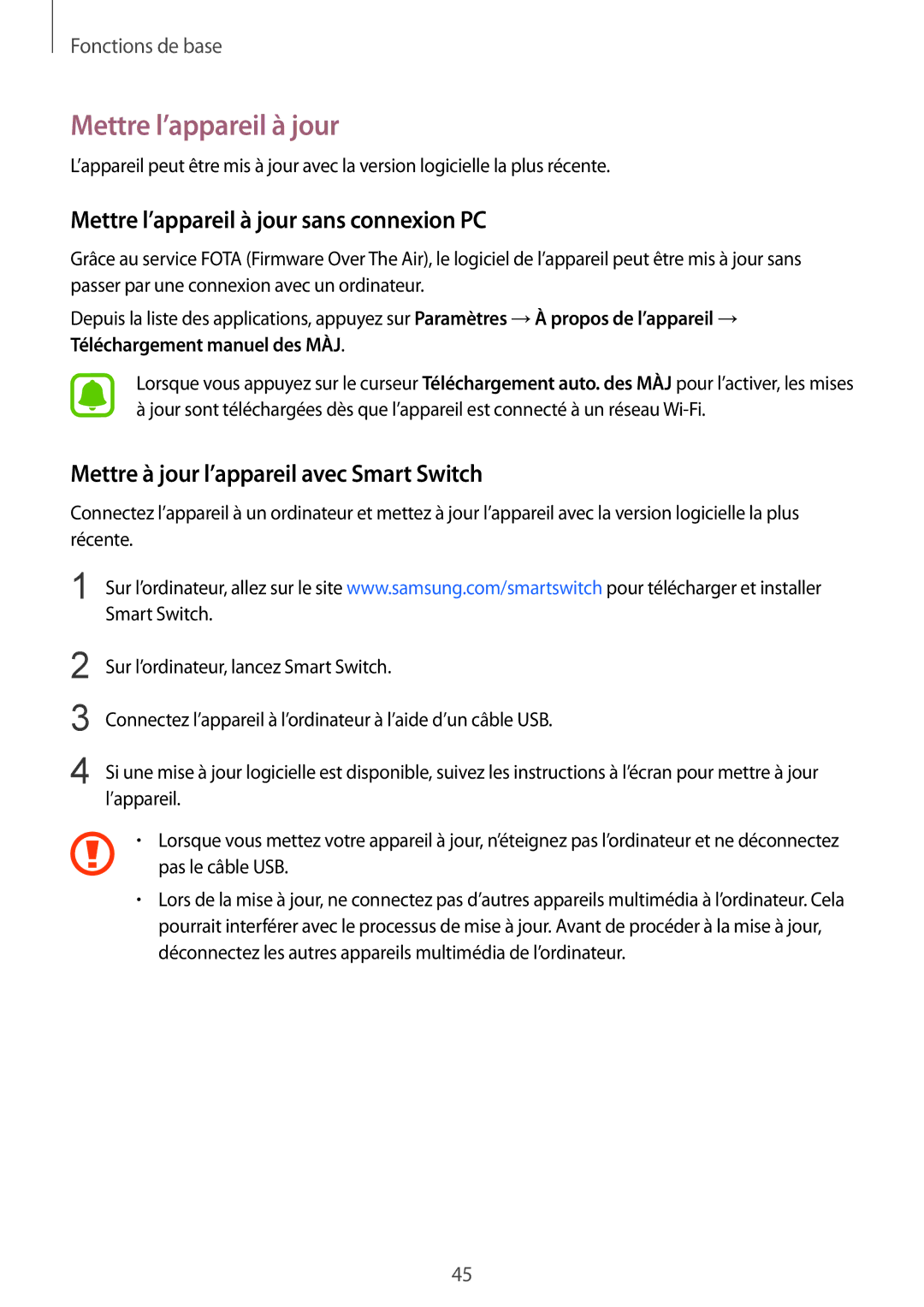 Samsung SM-G925FZWFXEF manual Mettre l’appareil à jour sans connexion PC, Mettre à jour l’appareil avec Smart Switch 