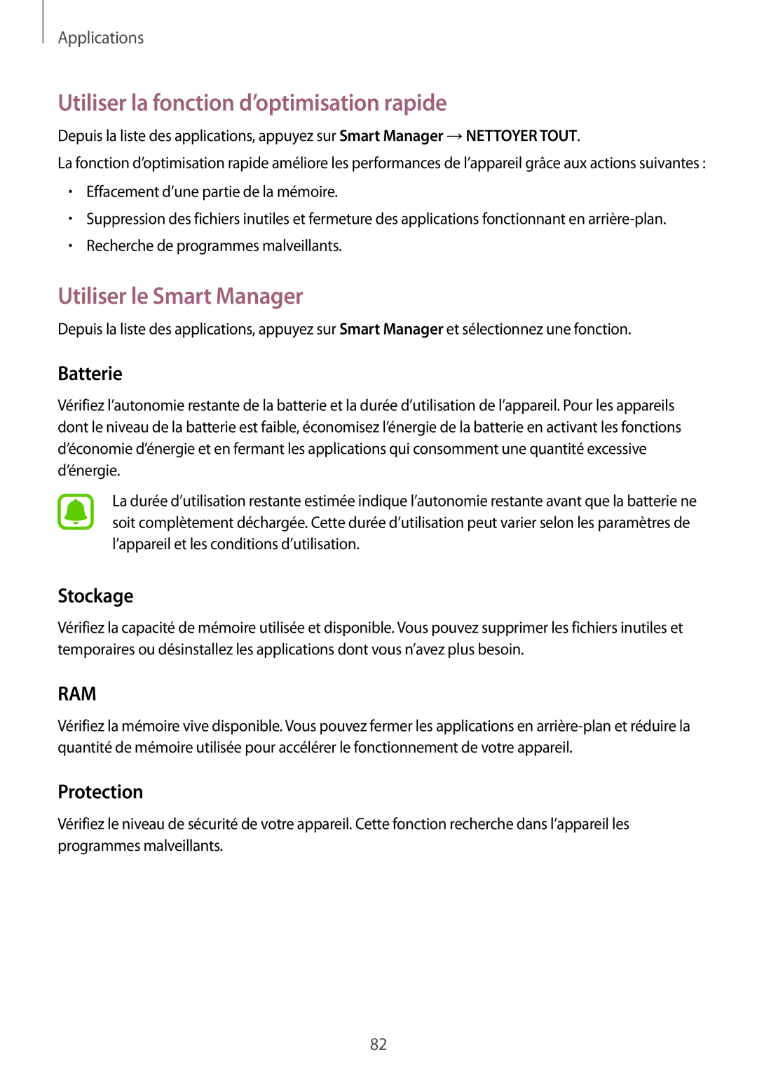 Samsung SM-G925FZDFXEF manual Utiliser la fonction d’optimisation rapide, Utiliser le Smart Manager, Batterie, Stockage 