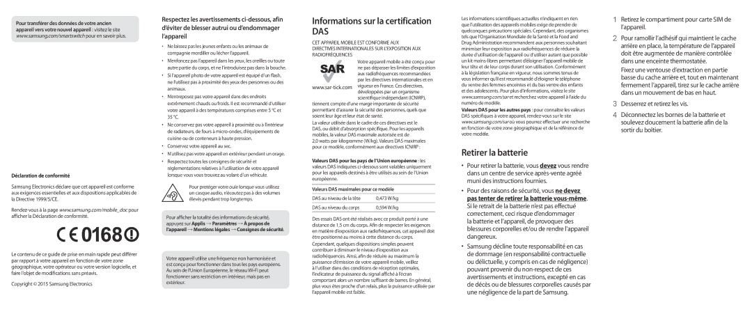 Samsung SM-G925FZDEXEF, SM-G925FZWEXEF Informations sur la certification, Retirer la batterie, Déclaration de conformité 