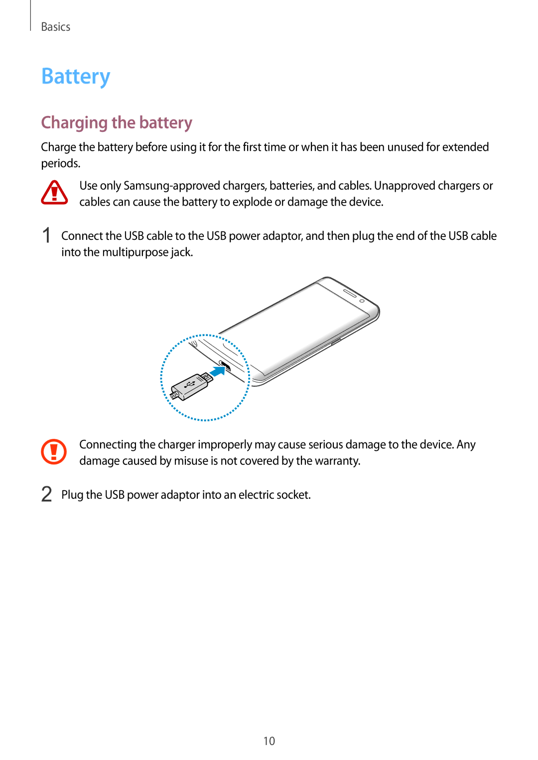 Samsung SM-G925IZDAKSA manual Battery, Charging the battery 