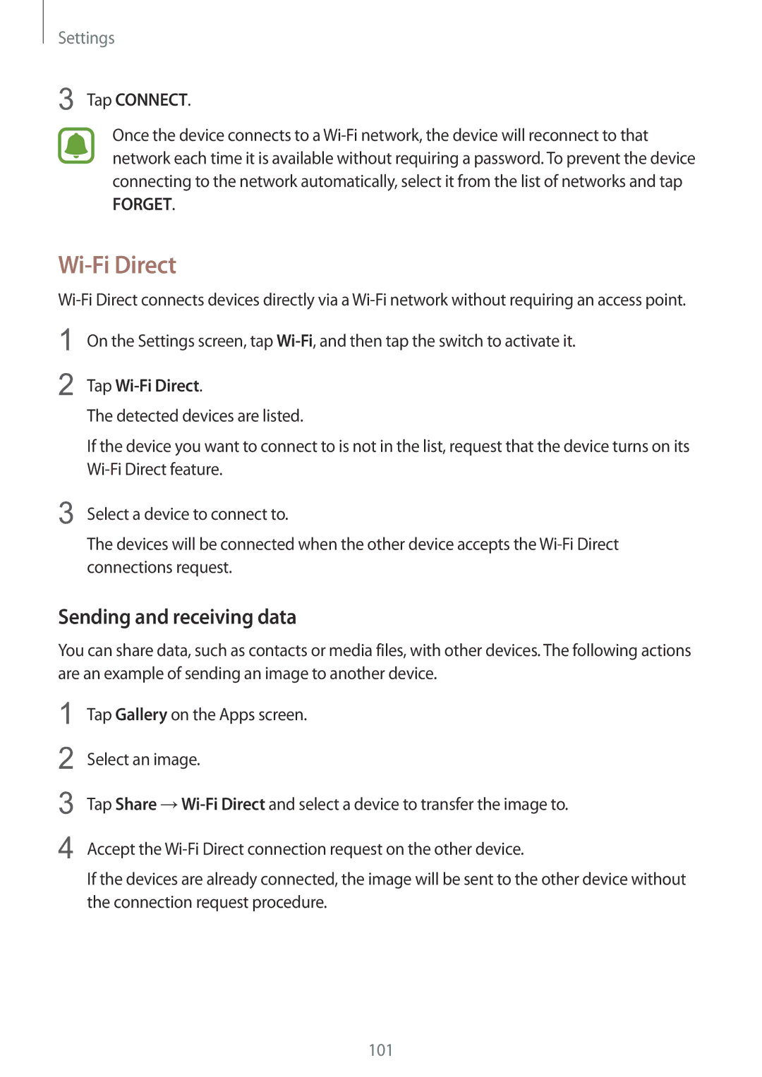 Samsung SM-G925IZDAKSA manual Sending and receiving data, Tap Connect, Tap Wi-Fi Direct 