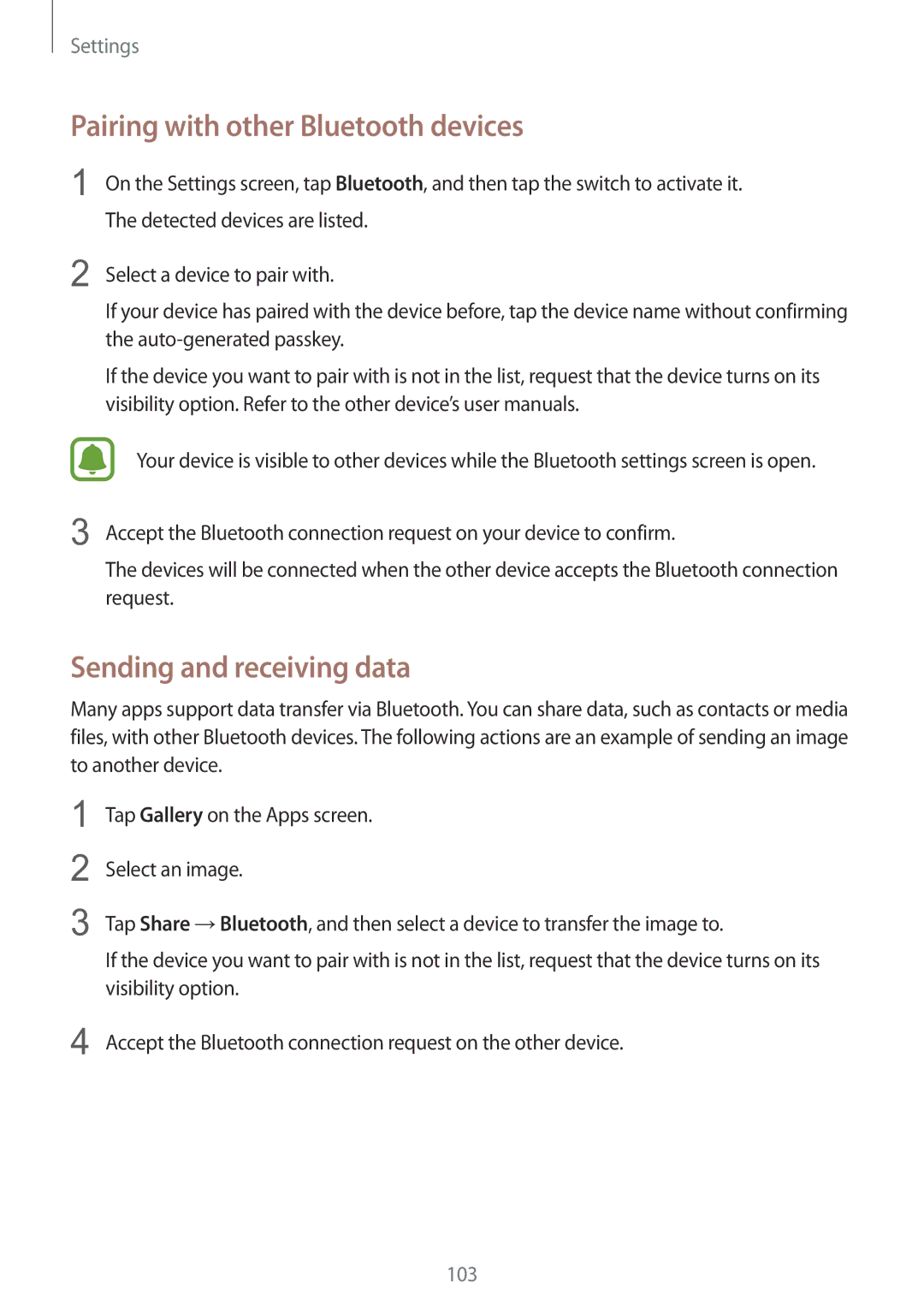 Samsung SM-G925IZDAKSA manual Pairing with other Bluetooth devices, Sending and receiving data 