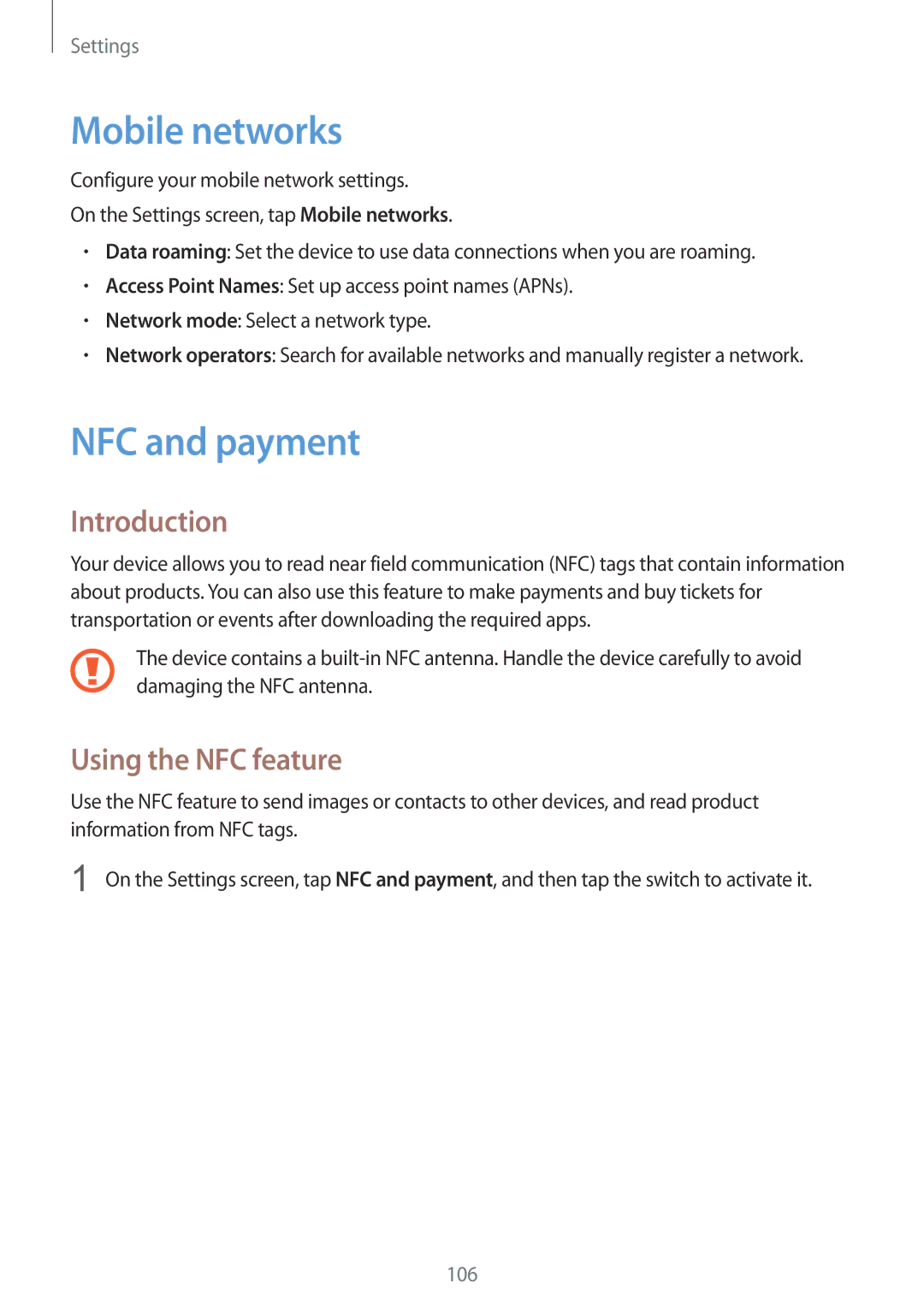 Samsung SM-G925IZDAKSA manual Mobile networks, NFC and payment, Using the NFC feature 