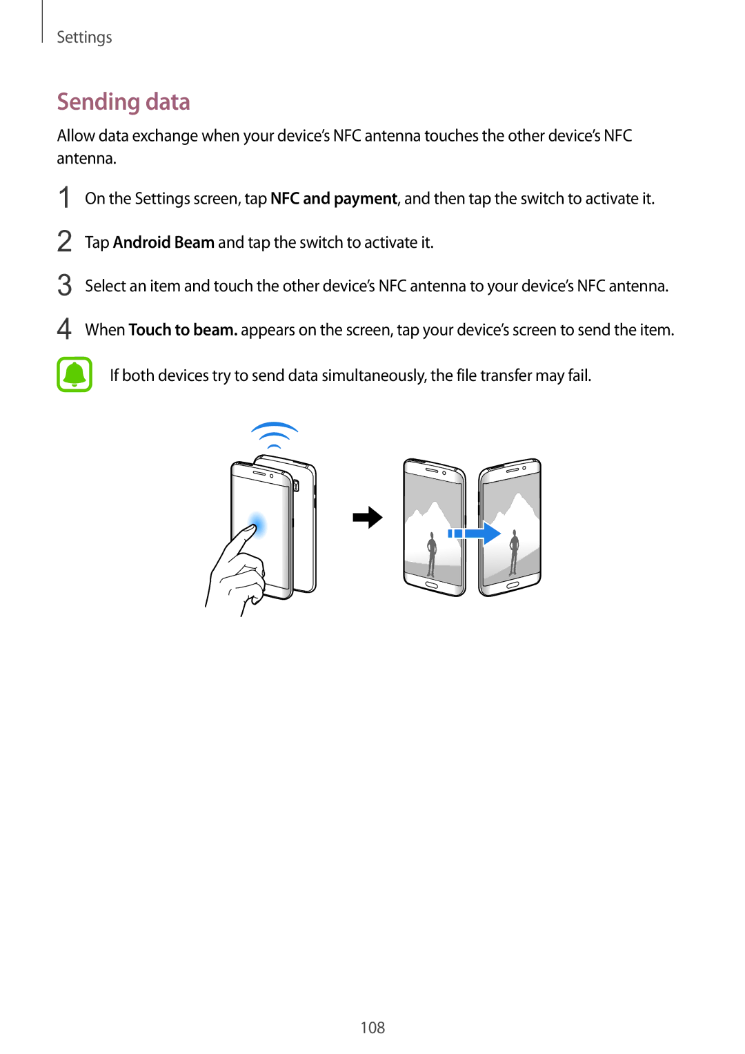 Samsung SM-G925IZDAKSA manual Sending data, Tap Android Beam and tap the switch to activate it 