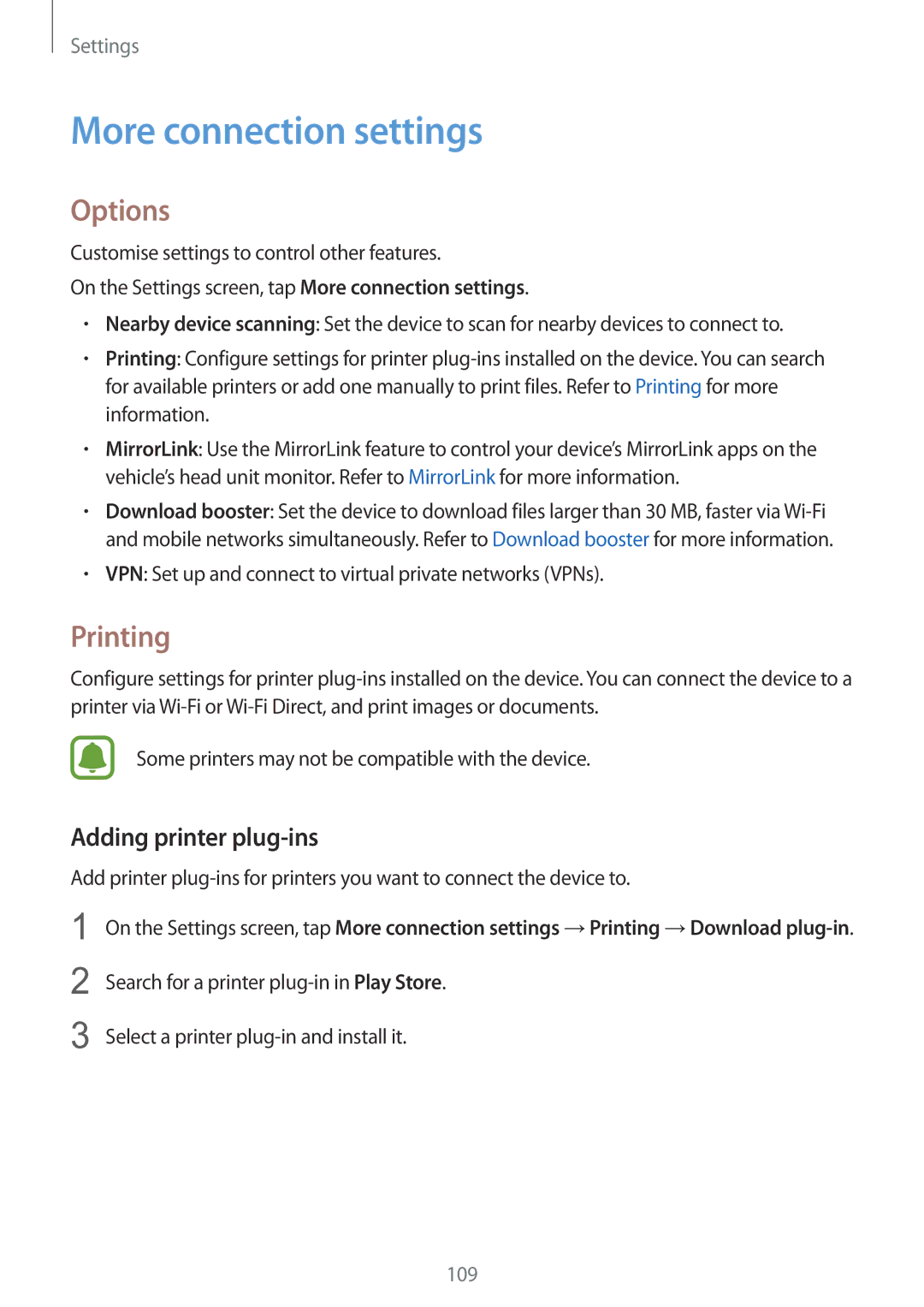 Samsung SM-G925IZDAKSA manual More connection settings, Options, Printing, Adding printer plug-ins 