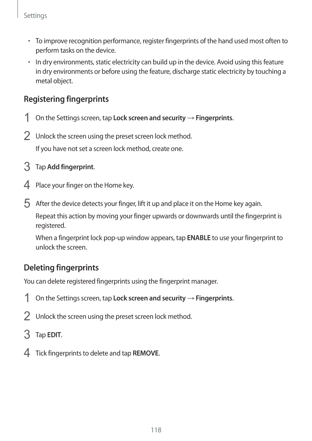 Samsung SM-G925IZDAKSA manual Registering fingerprints, Deleting fingerprints, Tap Add fingerprint 