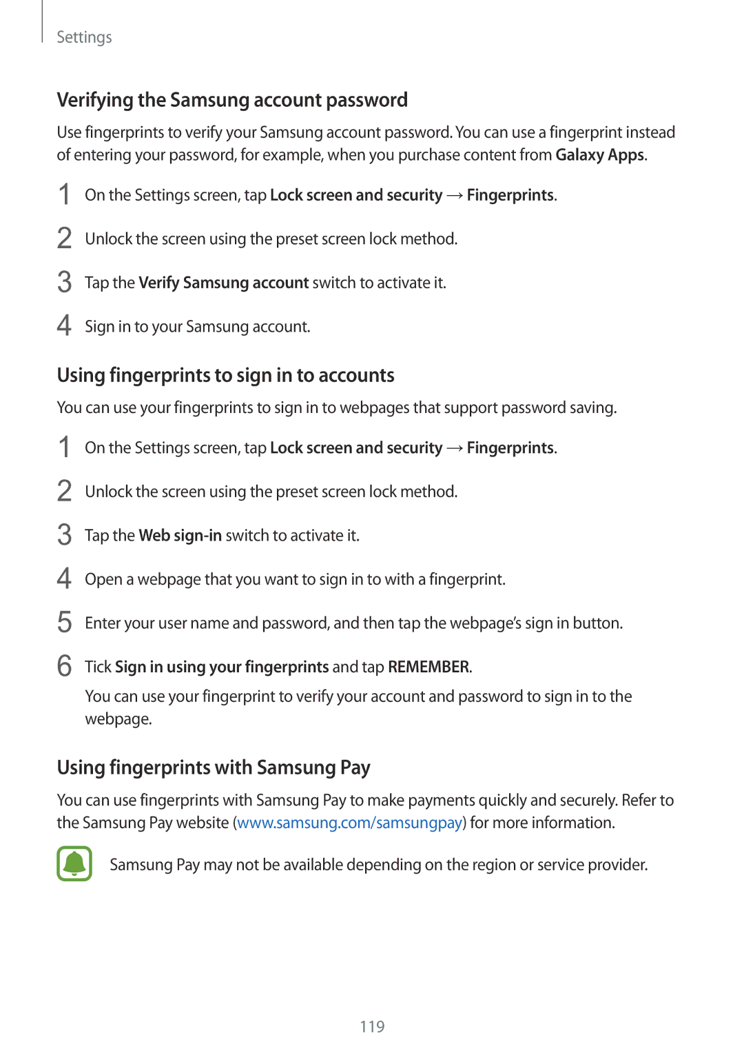 Samsung SM-G925IZDAKSA manual Verifying the Samsung account password, Using fingerprints to sign in to accounts 