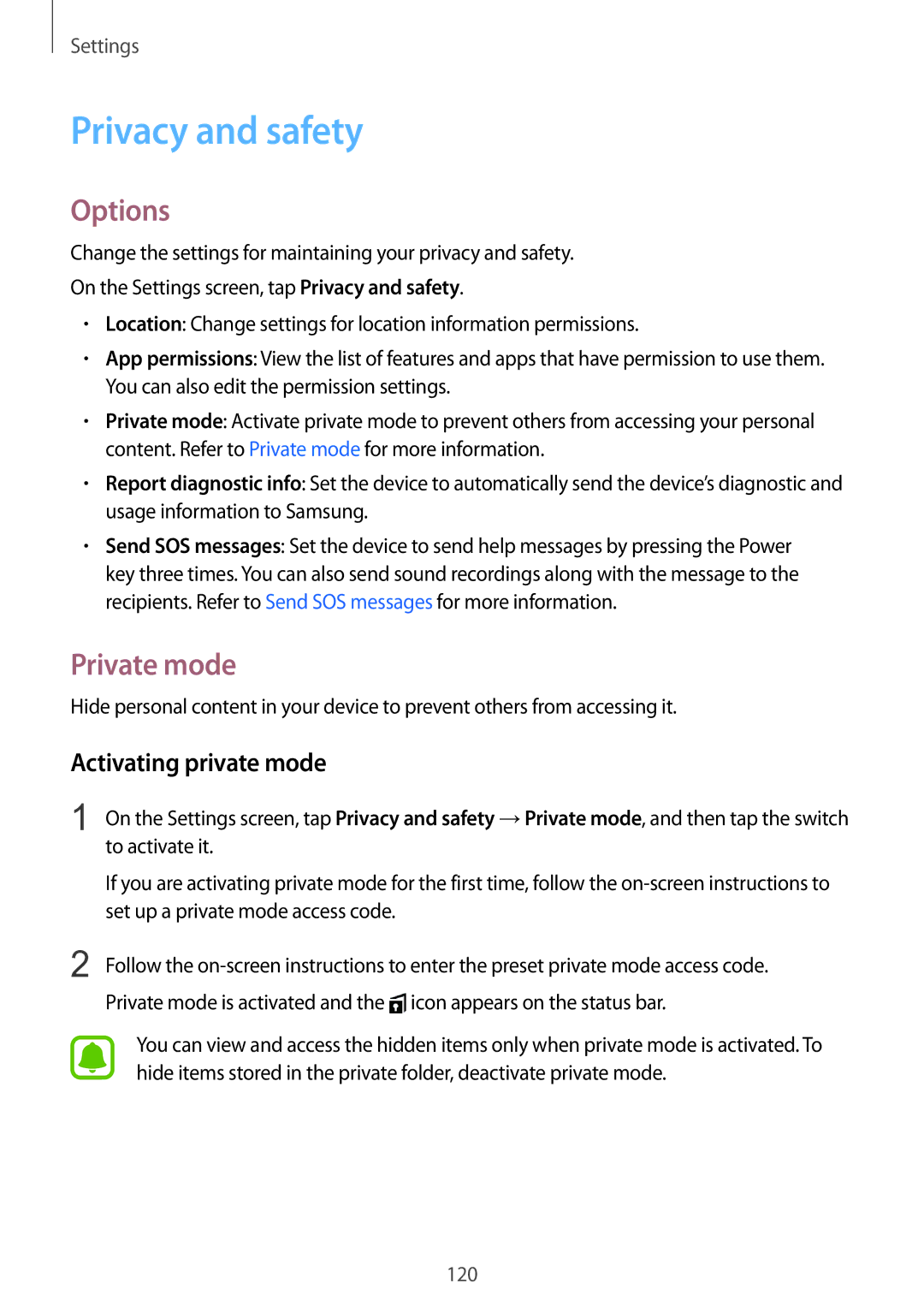 Samsung SM-G925IZDAKSA manual Privacy and safety, Private mode, Activating private mode 