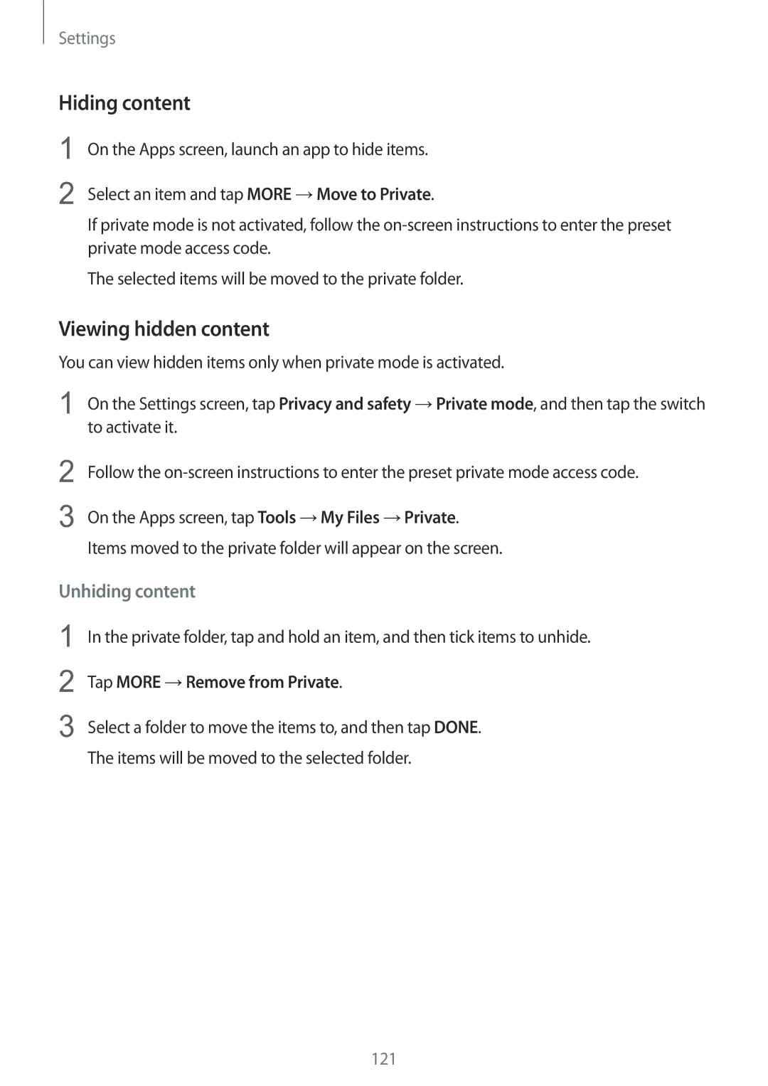 Samsung SM-G925IZDAKSA manual Hiding content, Viewing hidden content, Tap More →Remove from Private 