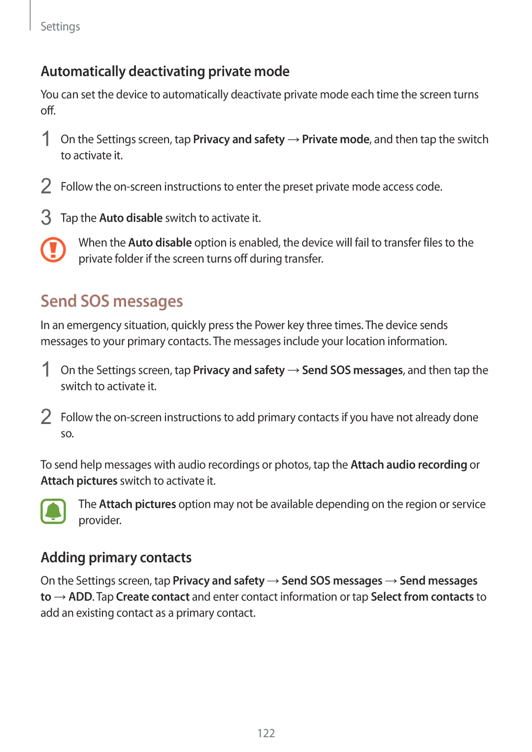 Samsung SM-G925IZDAKSA manual Send SOS messages, Automatically deactivating private mode, Adding primary contacts 