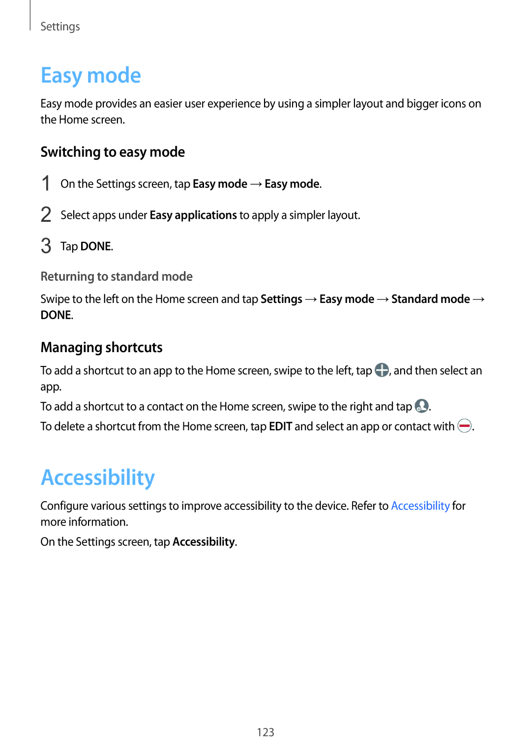 Samsung SM-G925IZDAKSA manual Easy mode, Accessibility, Switching to easy mode, Managing shortcuts, Tap Done 