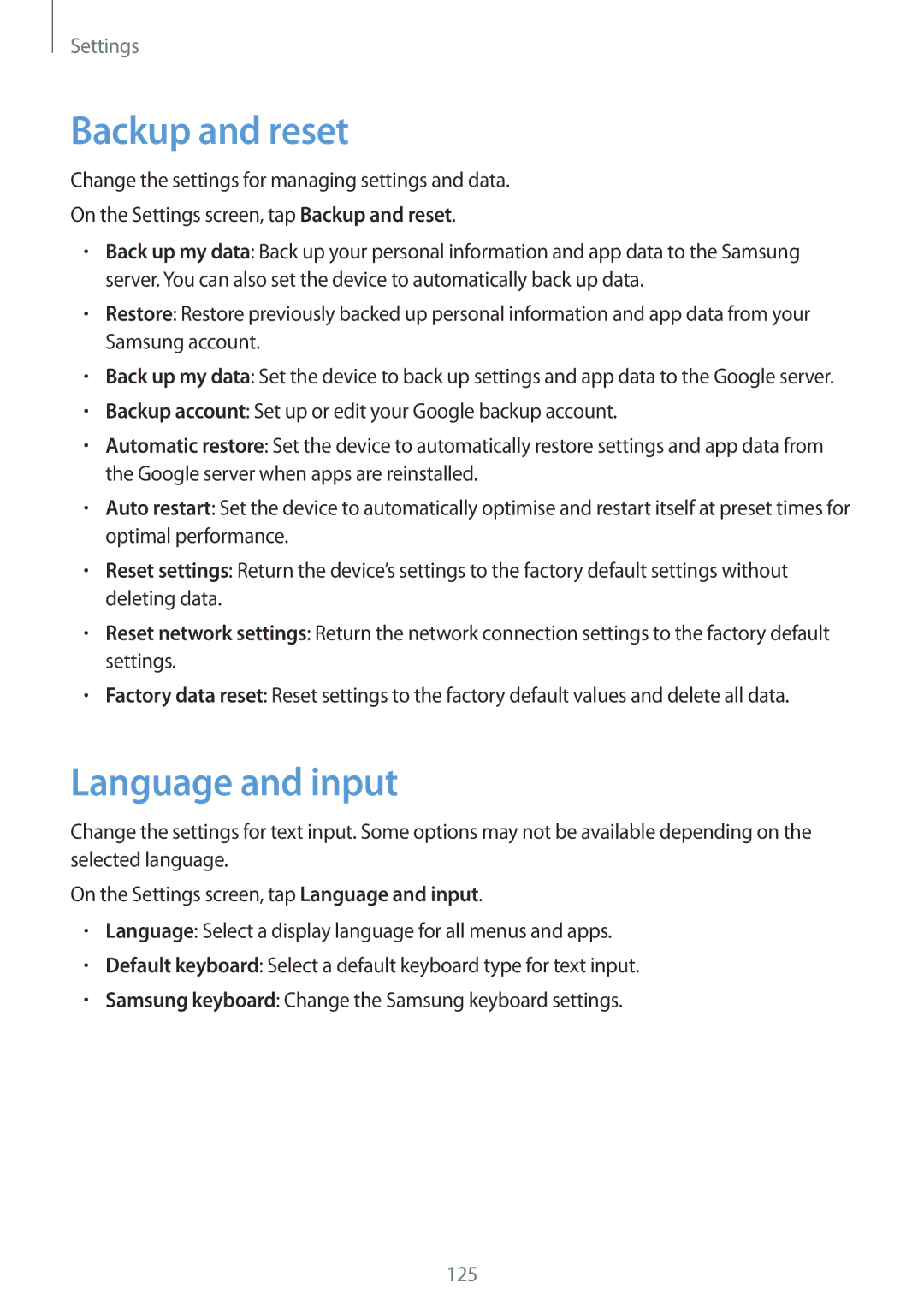 Samsung SM-G925IZDAKSA manual Backup and reset, Language and input 