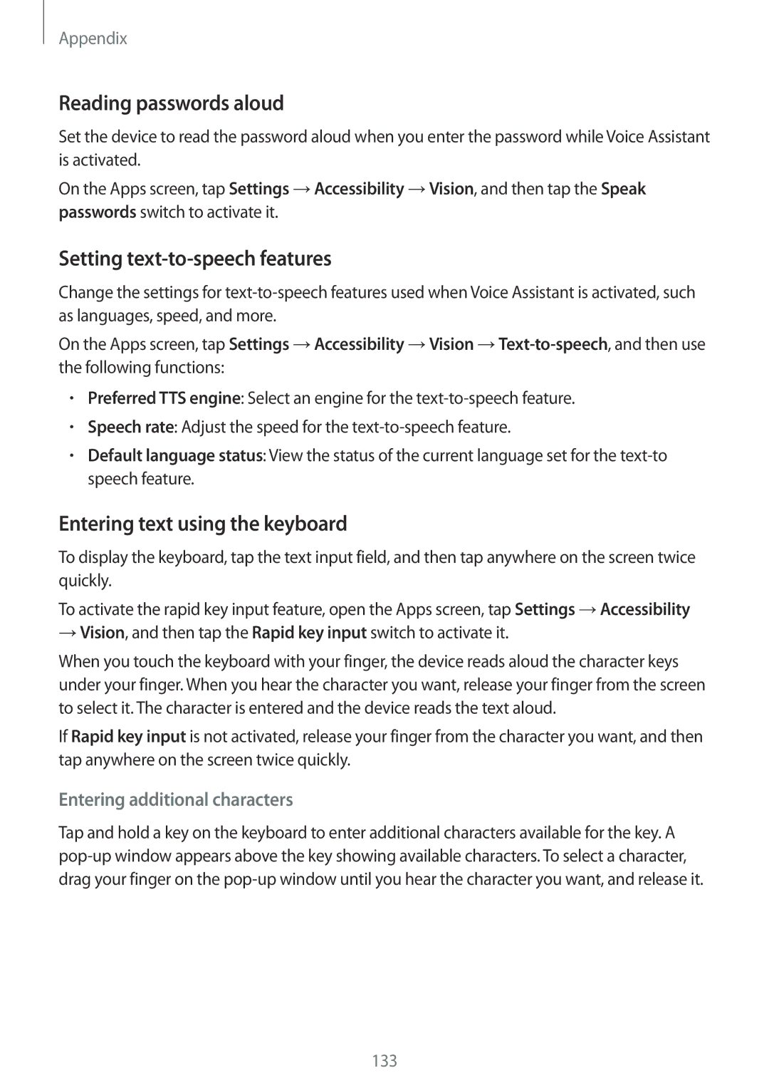 Samsung SM-G925IZDAKSA manual Reading passwords aloud, Setting text-to-speech features, Entering text using the keyboard 